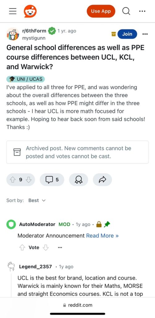 RedditでUCL、KCL、WarwickのPPEコースを比較