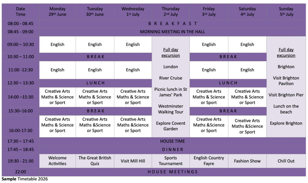 Mill Hill Summer 2026 Timetable