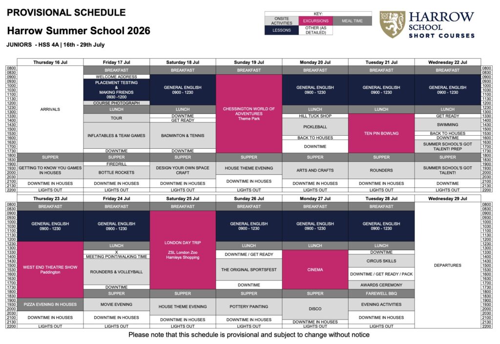 Harrow Summer Junior timetable 2026