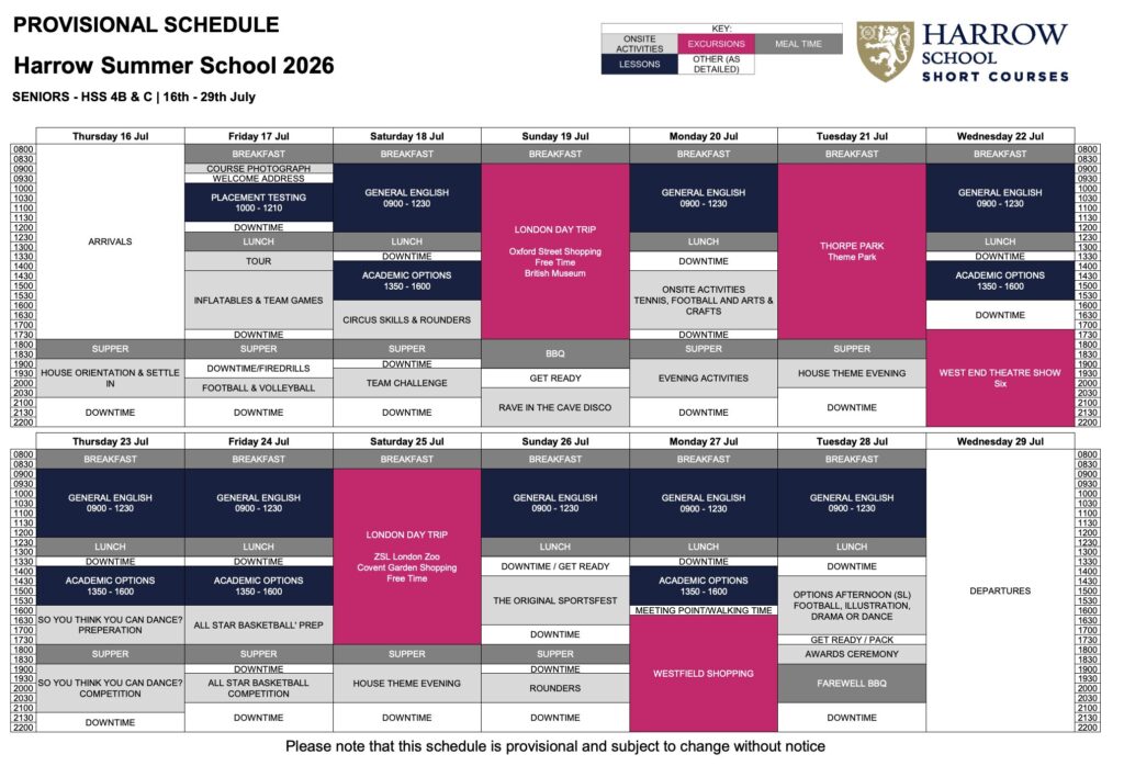 Harrow Summer Senior timetable 2026